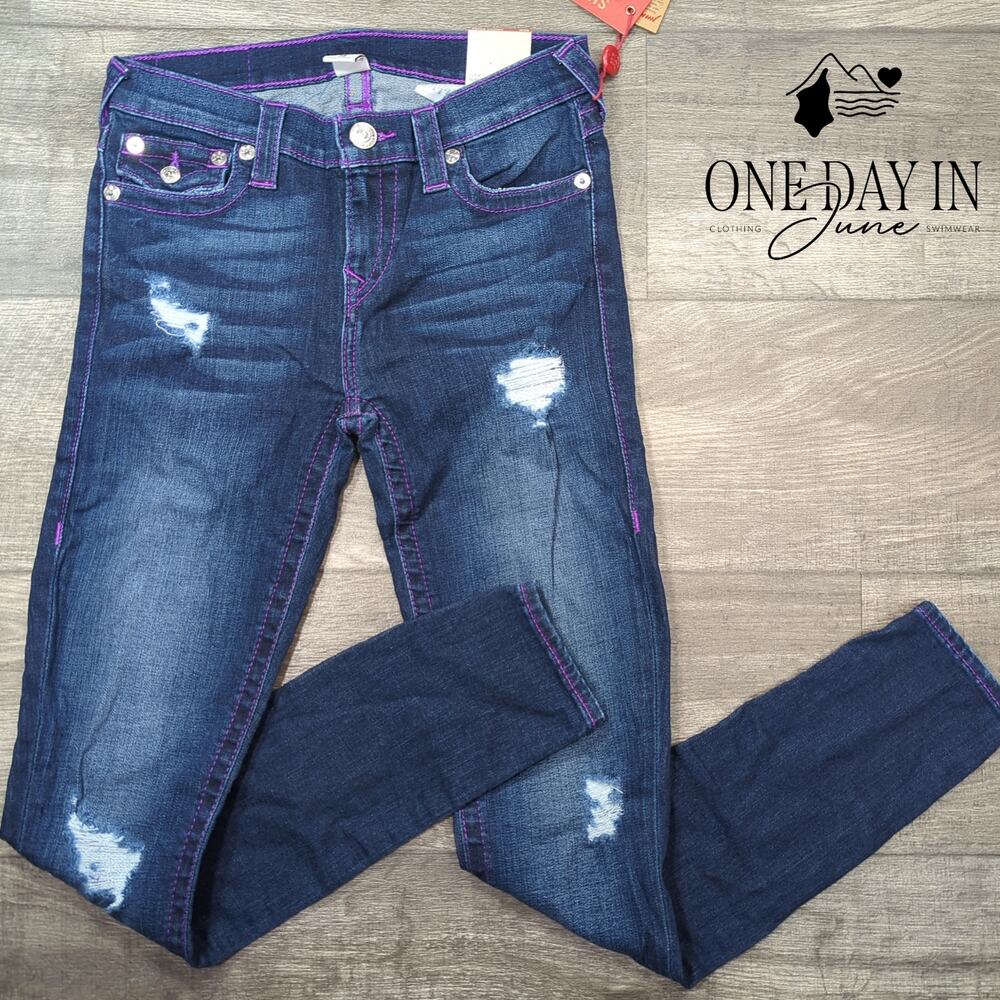 True Religion Super Skinny Jeans Neon Purple Stitch Distressed NWT Size 6 (28)